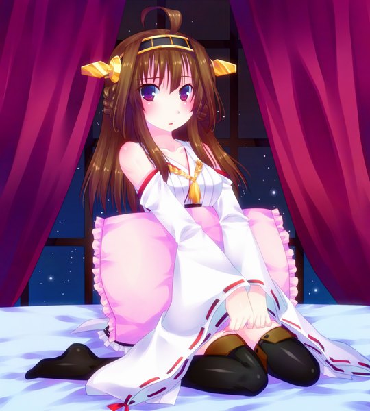 Anime-Bild 900x1000 mit kantai collection kongou battleship door to heaven single long hair tall image looking at viewer blush brown hair purple eyes bare shoulders ahoge traditional clothes nontraditional miko girl thighhighs hair ornament black thighhighs detached sleeves pillow