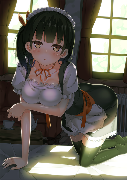 Anime picture 723x1023 with original hatsuki kaname single long hair tall image looking at viewer blush fringe breasts light erotic black hair standing yellow eyes bent knee (knees) maid no shoes one side up kneeling frilly skirt girl