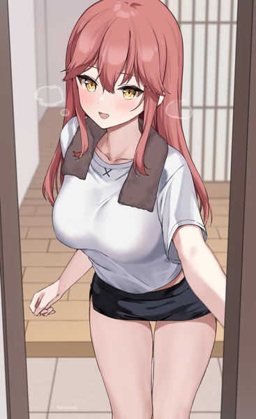Anime picture 2888x4725 with original liliya (kaetzchen) kaetzchen single long hair tall image looking at viewer fringe highres breasts open mouth light erotic hair between eyes standing yellow eyes red hair indoors :d short sleeves thigh gap