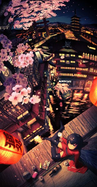 Anime picture 1200x2312 with original rias-coast single tall image looking at viewer short hair black hair bent knee (knees) long sleeves traditional clothes one eye closed from above night wide sleeves no shoes night sky cherry blossoms city reflection cityscape