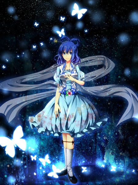 Anime picture 2000x2666 with touhou kaku seiga daradara1999 single tall image looking at viewer highres short hair blue eyes standing blue hair light smile girl dress flower (flowers) socks insect butterfly white socks