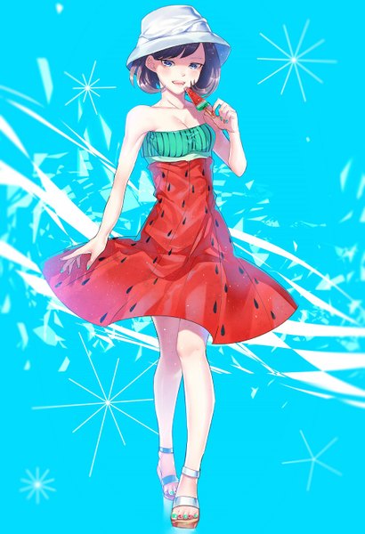 Anime picture 992x1451 with original tsugumi (pixiv4979659) single tall image looking at viewer blush fringe short hair open mouth blue eyes smile brown hair standing bare shoulders holding cleavage full body nail polish bare legs blue background