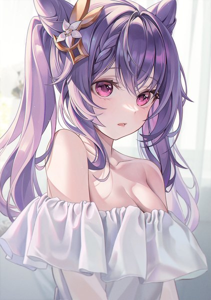 Anime picture 1442x2048 with genshin impact keqing (genshin impact) myless single long hair tall image fringe breasts open mouth light erotic hair between eyes large breasts twintails bare shoulders payot looking away cleavage purple hair upper body pink eyes