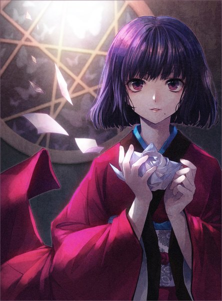 Anime picture 900x1214 with hunter x hunter kalluto zoldyck pechiko single tall image looking at viewer fringe short hair purple eyes holding purple hair traditional clothes japanese clothes sunlight mole mole under mouth otoko no ko boy kimono paper
