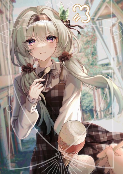 Anime picture 900x1275 with honkai: star rail honkai (series) firefly (honkai: star rail) tana (tanabio) long hair tall image fringe hair between eyes standing purple eyes twintails silver hair outdoors long sleeves alternate costume low twintails solo focus alternate hairstyle :t pout