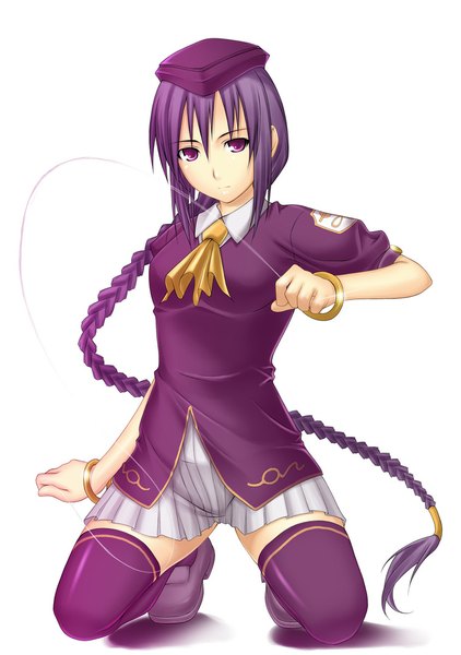 Anime picture 757x1075 with shingetsutan tsukihime melty blood type-moon sion eltnam atlasia ribucci single long hair tall image looking at viewer simple background white background purple eyes purple hair braid (braids) girl thighhighs dress