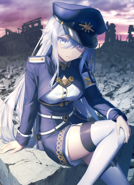 Anime picture 2374x3260 with 86 -eightysix- vladilena millize haribote (tarao) single long hair tall image fringe highres hair between eyes sitting payot sky silver hair cloud (clouds) bent knee (knees) outdoors indoors long sleeves head tilt arm support
