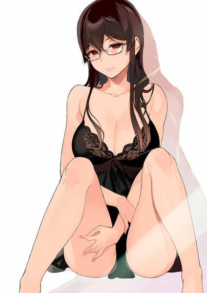 Anime picture 600x848 with succubus stayed life sakuramachi touko sasamori tomoe single long hair tall image looking at viewer fringe breasts light erotic simple background smile hair between eyes red eyes brown hair large breasts white background sitting cleavage bent knee (knees)