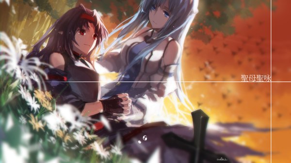 Anime picture 1889x1062 with sword art online a-1 pictures yuuki asuna yuuki (sao) asuna (sao-alo) swd3e2 long hair highres blue eyes black hair red eyes wide image multiple girls blue hair pointy ears girl flower (flowers) 2 girls detached sleeves hairband