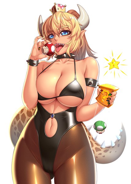 Anime picture 1071x1500 with super mario bros. new super mario bros. u deluxe bowsette lucknight single long hair tall image looking at viewer fringe breasts blue eyes light erotic simple background blonde hair hair between eyes large breasts standing white background bare shoulders holding