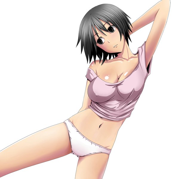 Anime picture 1000x1000 with original watarui short hair breasts light erotic black hair simple background white background black eyes girl navel underwear panties
