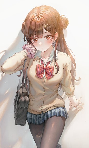 Anime picture 900x1483 with project sekai shinonome ena tokkyu single long hair tall image looking at viewer blush fringe simple background brown hair white background brown eyes blunt bangs long sleeves pleated skirt shadow hair bun (hair buns) open collar wrist scrunchie