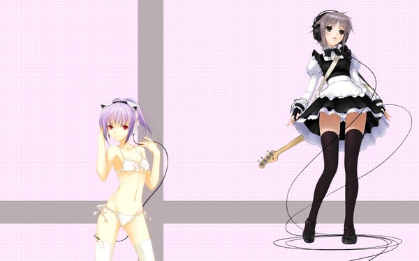 Anime-Bild 1680x1050 mit suzumiya haruhi no yuutsu kyoto animation nagato yuki blush light erotic simple background red eyes wide image purple hair grey hair maid underwear only hand on headphones girl thighhighs dress uniform underwear black thighhighs headdress