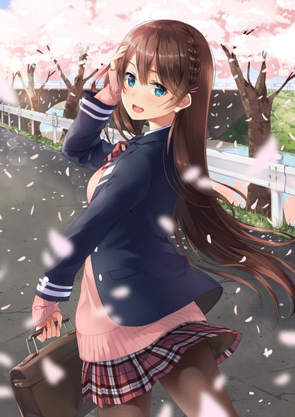 Anime picture 1413x2000 with original unasaka ryou single long hair tall image looking at viewer blush fringe open mouth blue eyes hair between eyes brown hair outdoors looking back wind cherry blossoms plaid skirt hand on head spring girl