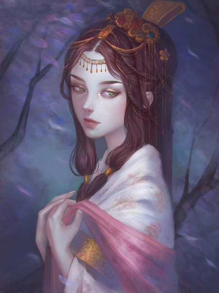 Anime picture 1100x1466 with original naranavy single long hair tall image brown hair green eyes upper body braid (braids) lips realistic looking down portrait girl hair ornament cape branch hair tubes circlet gold