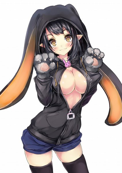 Anime picture 636x900 with original marisasu (marisa0904) single tall image looking at viewer blush fringe short hair breasts light erotic black hair simple background large breasts white background brown eyes pointy ears animal hood girl thighhighs black thighhighs