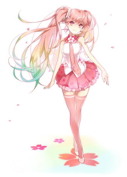 Anime picture 1400x1948 with vocaloid hatsune miku sakura miku tyuh (pixiv) single long hair tall image looking at viewer blush smile white background twintails bare shoulders pink hair full body nail polish multicolored hair girl thighhighs petals