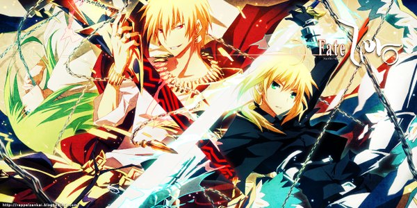 Anime picture 1280x640 with fate (series) fate/stay night fate/zero studio deen type-moon artoria pendragon (all) saber gilgamesh (fate) long hair looking at viewer fringe short hair blonde hair smile red eyes wide image aqua eyes green hair alternate costume glowing