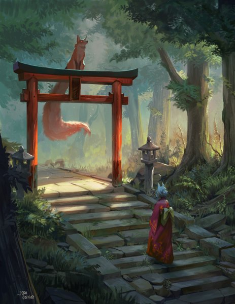 Anime picture 1920x2486 with original josh corpuz single tall image highres short hair signed animal ears outdoors white hair tail long sleeves traditional clothes japanese clothes from behind sunlight hair bun (hair buns) fox ears evening walking