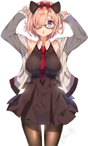 Anime picture 485x800 with fate (series) fate/grand order mash kyrielight harunoibuki single tall image looking at viewer blush fringe short hair breasts open mouth simple background large breasts standing white background purple eyes bare shoulders holding signed
