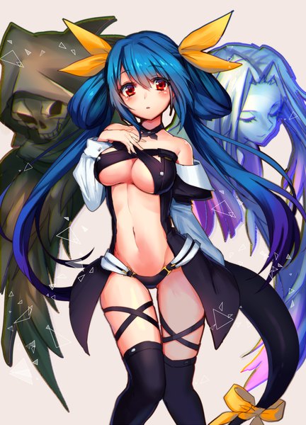 Anime picture 855x1188 with guilty gear guilty gear xx dizzy (guilty gear) undine (guilty gear) necro (guilty gear) fujisaki (hjsk) long hair tall image looking at viewer blush fringe breasts light erotic simple background red eyes large breasts white background twintails bare shoulders payot