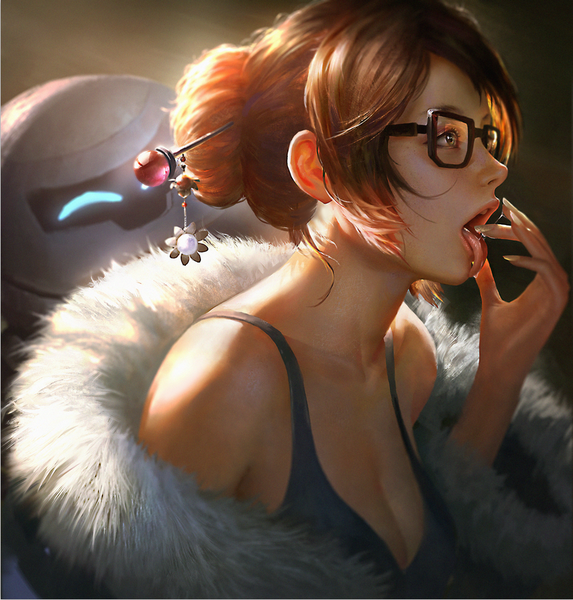 Anime picture 810x848 with overwatch blizzard entertainment mei (overwatch) snowball (overwatch) wang chen tall image short hair open mouth simple background brown hair bare shoulders brown eyes payot looking away cleavage upper body nail polish profile fingernails lips