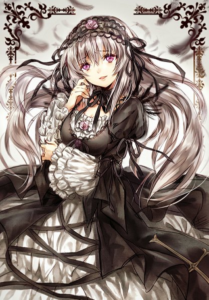 Anime picture 800x1150 with rozen maiden suigintou madogawa single long hair tall image open mouth silver hair pink eyes lolita fashion goth-loli girl dress ribbon (ribbons) hairband