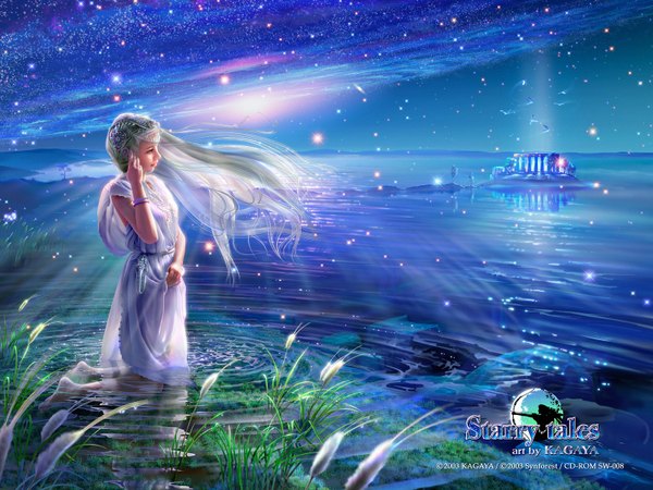Anime picture 1600x1200 with kagaya single long hair sky silver hair realistic night night sky landscape scenic 3d girl hair ornament water star (stars)
