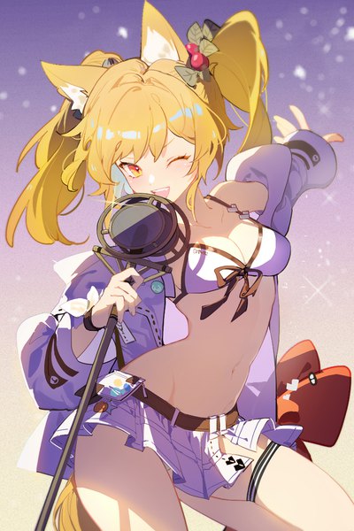 Anime picture 801x1200 with arknights sora (arknights) sora (summer flowers) (arknights) indai (3330425) single long hair tall image looking at viewer breasts open mouth light erotic blonde hair twintails animal ears yellow eyes open jacket outstretched arm official alternate costume ;d girl