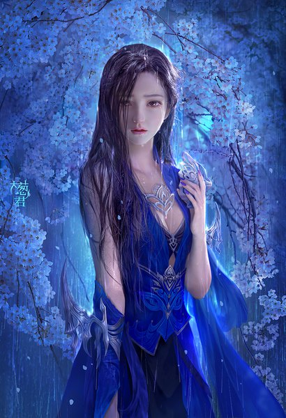 Anime-Bild 1000x1465 mit original da congjun single long hair tall image looking at viewer breasts light erotic black hair standing holding signed cleavage outdoors nail polish black eyes realistic wet cherry blossoms hieroglyph