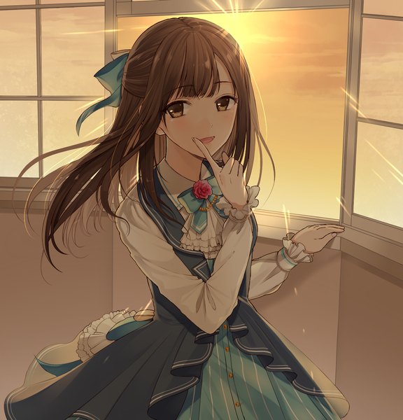 Anime picture 1228x1280 with idolmaster idolmaster cinderella girls idolmaster cinderella girls starlight stage mizumoto yukari chisumi single long hair tall image looking at viewer blush fringe open mouth brown hair brown eyes payot sky cloud (clouds) indoors blunt bangs :d