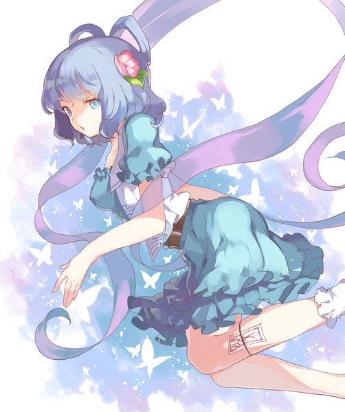 Anime picture 900x1075 with touhou kaku seiga hillly (maiwetea) single tall image looking at viewer fringe short hair open mouth blue eyes blue hair hair flower jumping girl dress hair ornament flower (flowers) ribbon (ribbons) socks insect