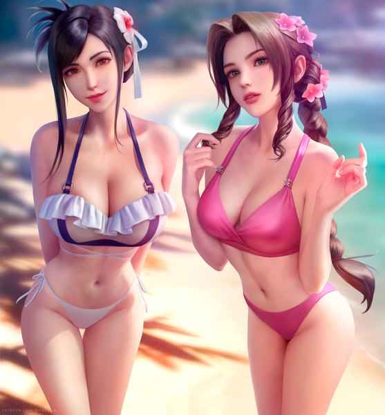 Anime picture 6500x7000 with final fantasy final fantasy vii square enix tifa lockhart aerith gainsborough tifa lockhart (shining spirit) aerith gainsborough (pink mermaid) wickellia long hair tall image looking at viewer fringe highres short hair breasts light erotic black hair smile red eyes brown hair