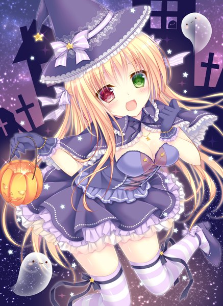 Anime picture 800x1097 with original kohinata hoshimi single long hair tall image looking at viewer blush breasts open mouth blonde hair cleavage :d sparkle heterochromia halloween ghost girl thighhighs gloves hat