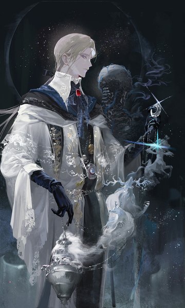 Anime-Bild 1201x2000 mit bloodborne from software laurence the first vicar bloodytongue666 single long hair tall image looking at viewer blue eyes blonde hair standing sparkle smoke skeleton boy gloves black gloves