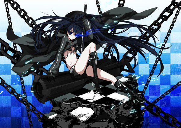 Anime picture 1400x990 with black rock shooter black rock shooter (character) twintails glowing scar glowing eye (eyes) checkered background girl sword katana chain bikini top