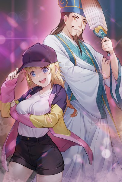 Anime picture 2880x4281 with paripi koumei tsukimi eiko zhuge kongming (paripi koumei) radjeong long hair tall image looking at viewer highres open mouth blue eyes blonde hair brown hair yellow eyes traditional clothes :d open jacket adjusting hat girl boy hat