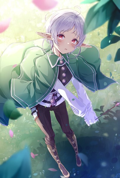 Anime picture 2380x3508 with mushoku tensei studio bind sylphiette (mushoku tensei) bai-hyacinth single tall image looking at viewer blush highres short hair red eyes silver hair full body ahoge outdoors from above pointy ears spoilers girl gloves