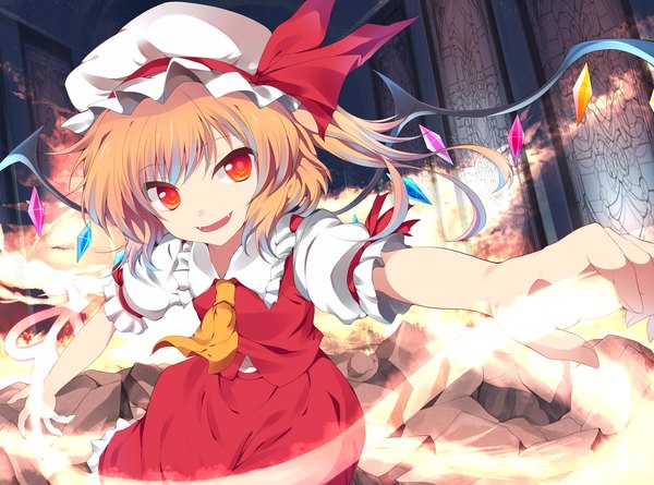 Anime picture 1900x1410 with touhou flandre scarlet xjr1250 highres short hair open mouth blonde hair red eyes teeth fang (fangs) girl dress skirt wings bonnet skirt set crystal ascot