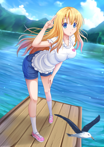 Anime picture 945x1337 with original kazenokaze single long hair tall image looking at viewer fringe breasts blue eyes blonde hair sky outdoors leaning leaning forward lens flare lake girl animal shirt socks