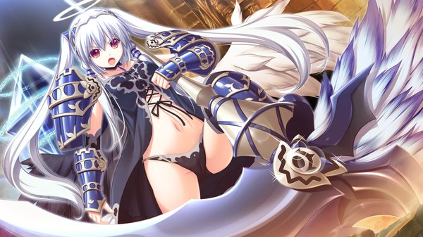 Anime picture 1920x1080 with tenbin no la dea eushully single long hair highres open mouth light erotic red eyes wide image twintails blue hair game cg girl navel underwear panties weapon wings armor halo