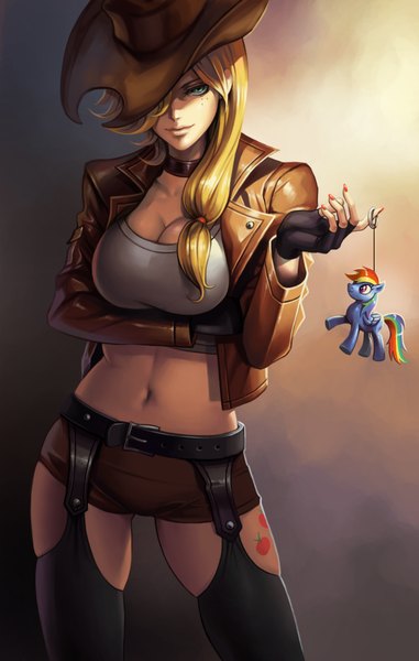 Anime picture 1299x2044 with my little pony rainbow dash applejack dantewontdie single long hair tall image looking at viewer breasts blue eyes light erotic blonde hair standing nail polish fingernails lips open clothes open jacket bare belly midriff