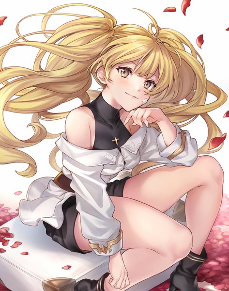 Anime picture 1184x1500 with granblue fantasy monika weisswind shiao single long hair tall image looking at viewer blonde hair sitting twintails bare shoulders brown eyes wind bare legs girl petals shorts turtleneck