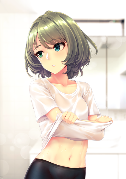 Anime picture 1500x2128 with idolmaster idolmaster cinderella girls takagaki kaede infinote single tall image fringe short hair blue eyes light erotic hair between eyes green eyes looking away parted lips green hair mole midriff mole under eye heterochromia lens flare