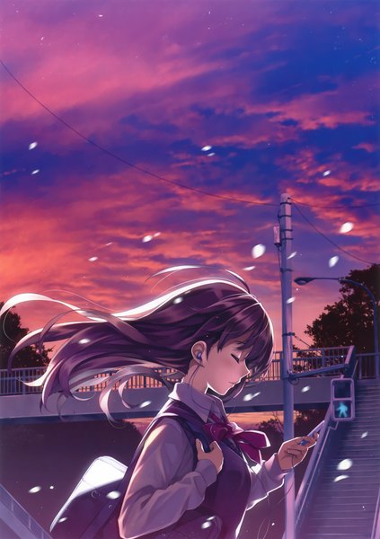 Anime picture 3245x4602 with original misaki kurehito single long hair tall image blush highres holding absurdres sky purple hair cloud (clouds) eyes closed profile wind girl uniform bow school uniform petals