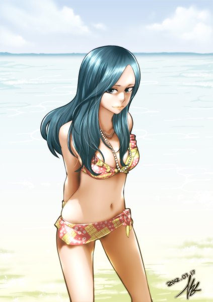 Anime picture 875x1241 with green boy jae in im jin-gook single long hair tall image looking at viewer light erotic smile signed sky cloud (clouds) aqua eyes light smile aqua hair beach dated hands behind back girl navel