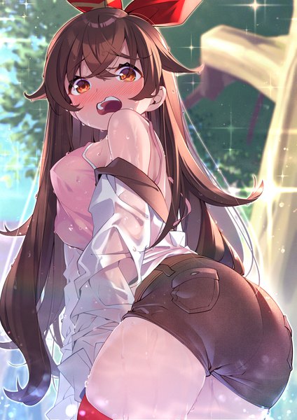 Anime picture 2894x4093 with genshin impact amber (genshin impact) konakona0307 single long hair tall image looking at viewer blush fringe highres breasts open mouth light erotic hair between eyes brown hair large breasts standing bare shoulders payot outdoors