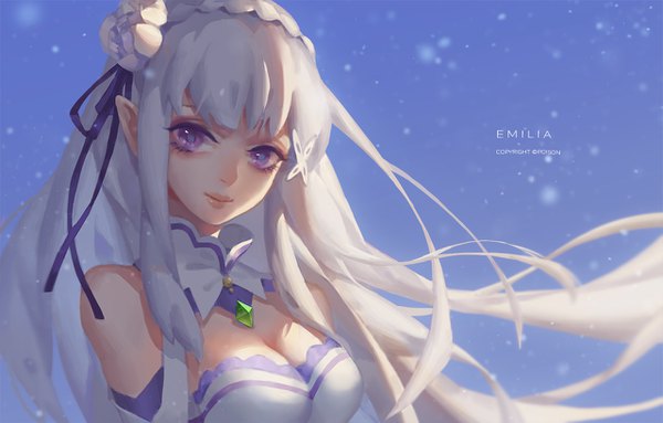 Anime picture 1280x818 with re:zero kara hajimeru isekai seikatsu white fox emilia (re:zero) dywx poison single long hair looking at viewer fringe purple eyes cleavage silver hair upper body hair flower wind pointy ears character names girl flower (flowers) gem