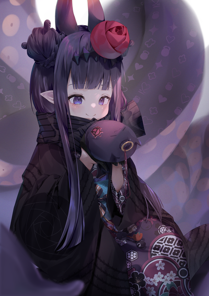 Anime picture 2508x3541 with virtual youtuber hololive hololive english ninomae ina'nis takodachi (ninomae ina'nis) ninomae ina'nis (4th costume) pola (1021) single long hair tall image fringe highres blue eyes smile sitting looking away purple hair blunt bangs traditional clothes japanese clothes