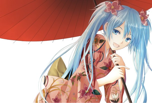 Anime picture 1748x1181 with vocaloid hatsune miku single long hair highres open mouth blue eyes simple background white background twintails blue hair japanese clothes hair flower girl hair ornament kimono umbrella